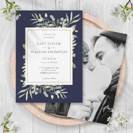 Invitación Boda de Foto de Hojas Verdes Azul Marino 