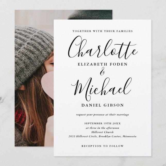 Invitación Boda de foto de Kraft rústico con firma negra (Anverso / Reverso)