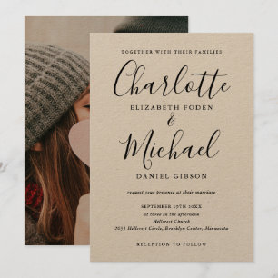 Invitación Boda de foto de Kraft rústico con firma negra