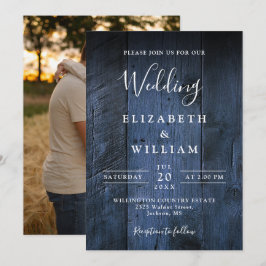Invitación Boda de Foto de Madera de Granero Rústico Boho Azu