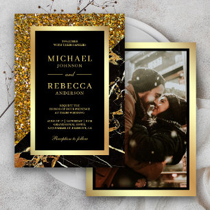 Invitación Boda de Foto de Mármol Negro con Brillo Dorado