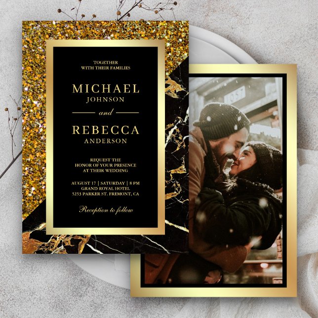 Invitación Boda de Foto de Mármol Negro con Brillo Dorado (Subido por el creador)