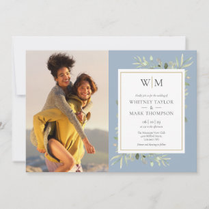 Invitación Boda de foto de monograma azul polvoriento con veg