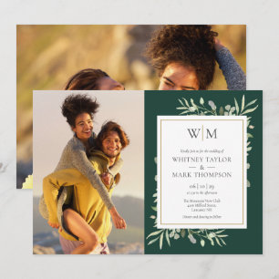 Invitación Boda de Foto de Monograma con Follaje Verde Esmera