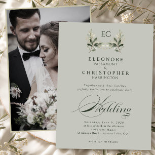 Invitación Boda de foto de monograma de rama de olivo verde s