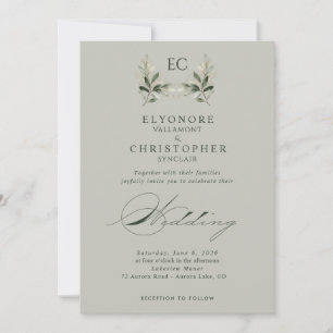 Invitación Boda de foto de monograma de rama de olivo verde s