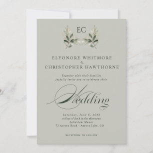 Invitación Boda de foto de monograma de rama de olivo verde s