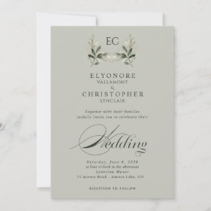 Invitación Boda de foto de monograma de rama de olivo verde s