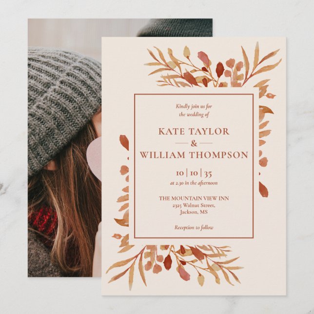 Invitación Boda de Foto de Otoño Rústico de Terracota (Anverso / Reverso)