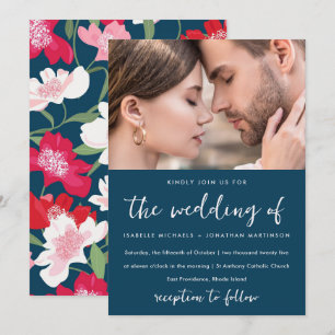 Invitación Boda de foto de patrón floral rojo colorido azul