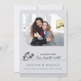 Invitación Boda de Foto de Pinstripe Plateado para Gays y Les