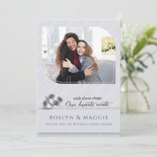 Invitación Boda de Foto de Pinstripe Plateado para Gays y Les