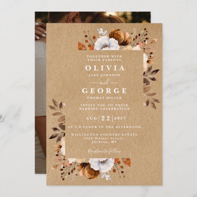 Invitación Boda de foto de Rustic Fall Floral (Anverso / Reverso)