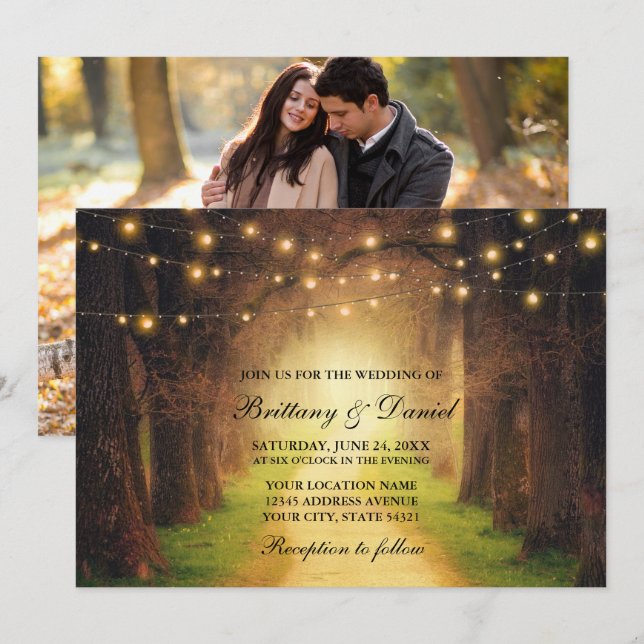 Invitación Boda de foto de Rustic Forest Path String Lights (Anverso / Reverso)