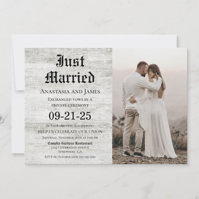 Invitación Boda de foto de Rustic Wood recién casado (Anverso)