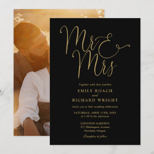 Invitación Boda de Foto de Sr. y Sra. con Guión Dorado y Negr