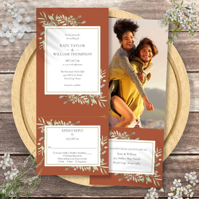 Invitación Boda de foto de Terracotta Greenery Todo en uno (Terracotta Greenery All In One Photo Wedding Invitation)