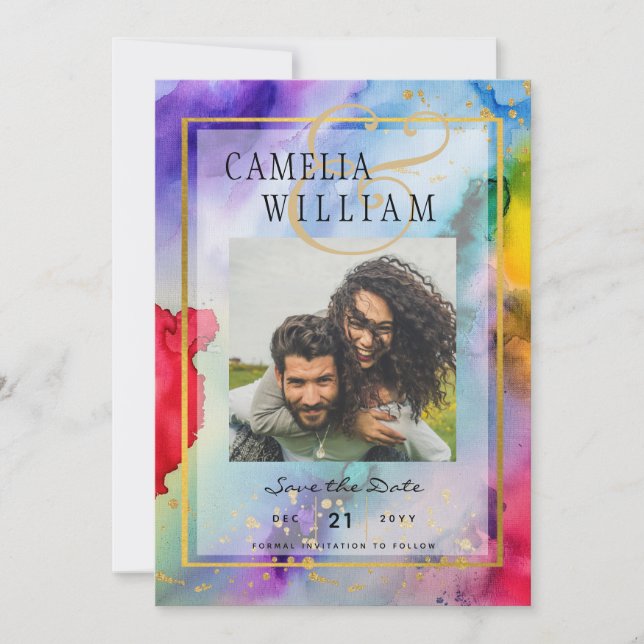 Invitación Boda de FOTO de tinta del orgullo arcoiris de Leah (Anverso)