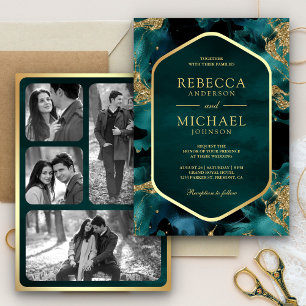 Invitación Boda de Foto de Tinta Fluida Abstracta Teal Gold