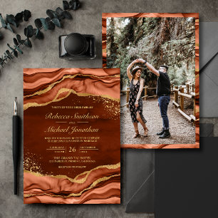 Invitación Boda de foto de tinta fluida de oro de terracota