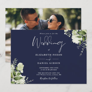 Invitación Boda de foto de vegetación botánica azul marino