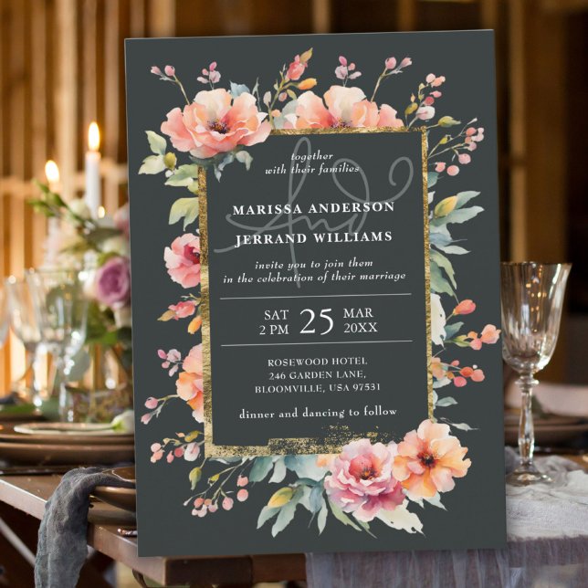 Invitación Boda de foto del marco dorado del jardín botánico  (Rustic Botanical Garden Gold Frame Photo Wedding Invitation)