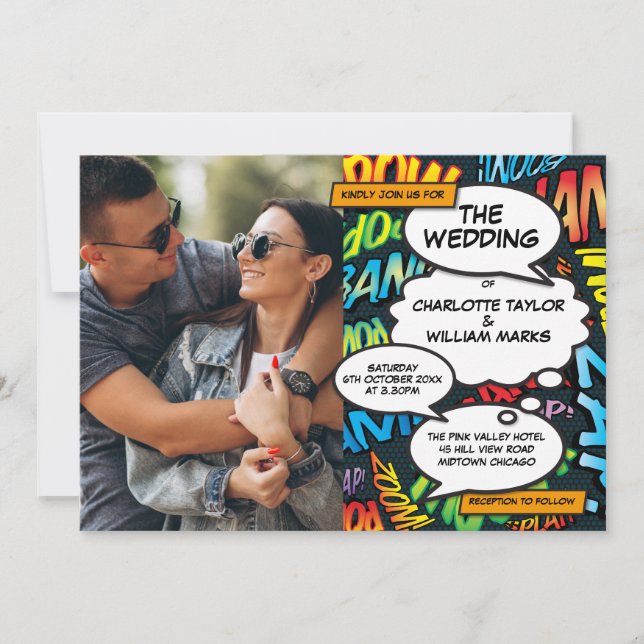 Invitación Boda de foto divertida de libro de historietas col (Anverso)
