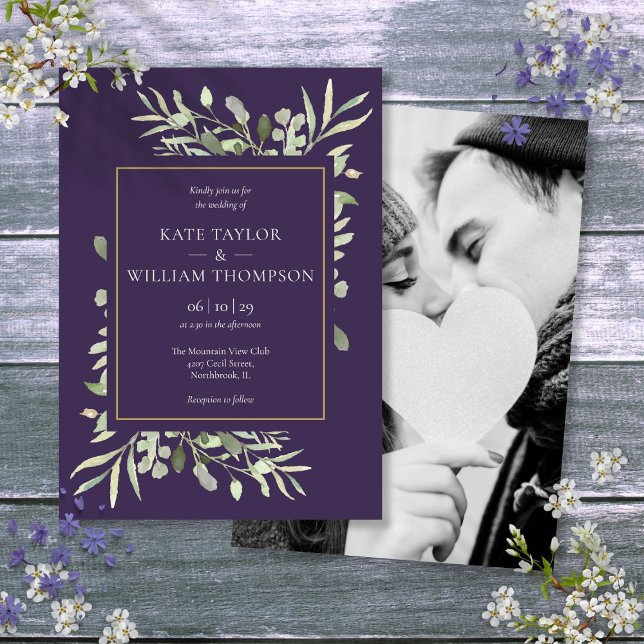 Invitación Boda de foto dorada con lavanda púrpura (Purple Lavender Greenery Gold Photo Wedding Invitation)