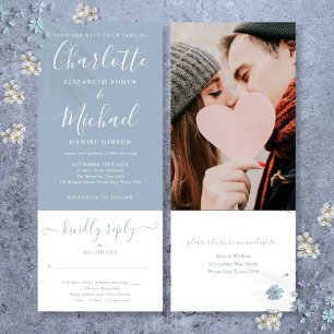 Invitación Boda de foto elegante con guión azul polvoriento t