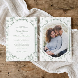 Invitación Boda de foto en marco de toile verde salvia vintag