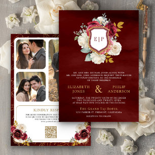 Invitación Boda de foto Escudo de código QR de floral roja de
