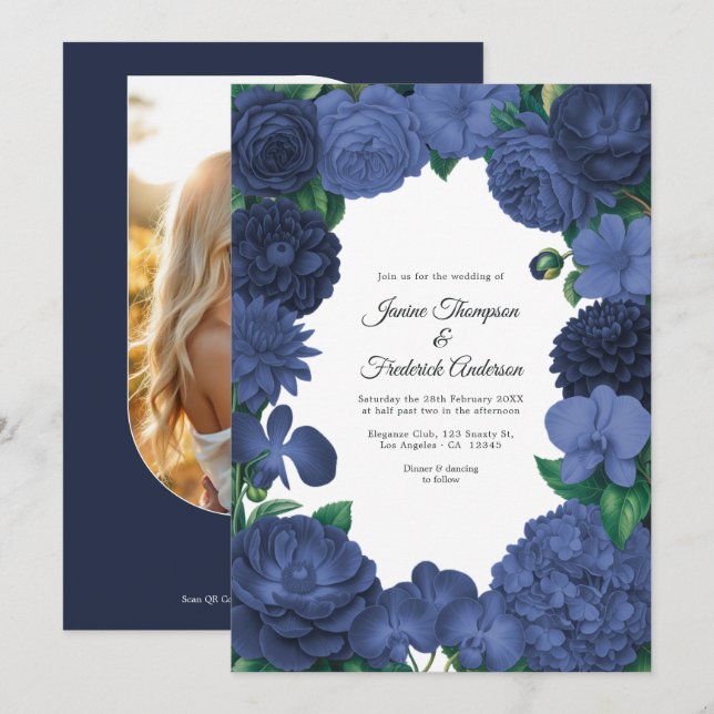 Invitación Boda de foto floral azul marino y código QR (Anverso / Reverso)