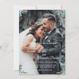 Invitación Boda de Foto Floral Azul Polvoriento
