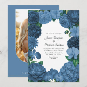 Invitación Boda de foto floral azul polvoriento y código QR
