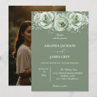 Invitación Boda de Foto Floral Blanco Verde Salvia