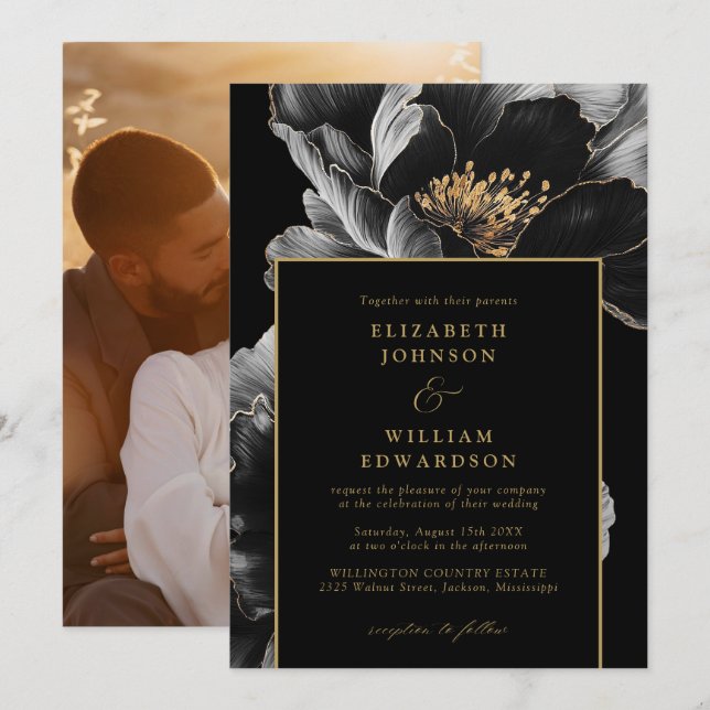 Invitación Boda de Foto Floral Chic Elegante en Negro y Dorad (Anverso / Reverso)