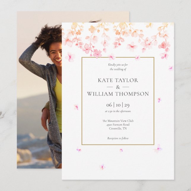 Invitación Boda de foto floral de flor de melocotón (Anverso / Reverso)