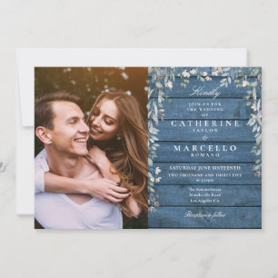 Invitación Boda de Foto Floral de Madera Rústica Azul Flores