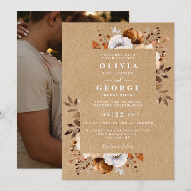 Invitación Boda de foto floral de otoño rústico (Anverso / Reverso)
