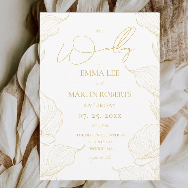 Invitación Boda de foto floral delicada de oro y blanco (Subido por el creador)