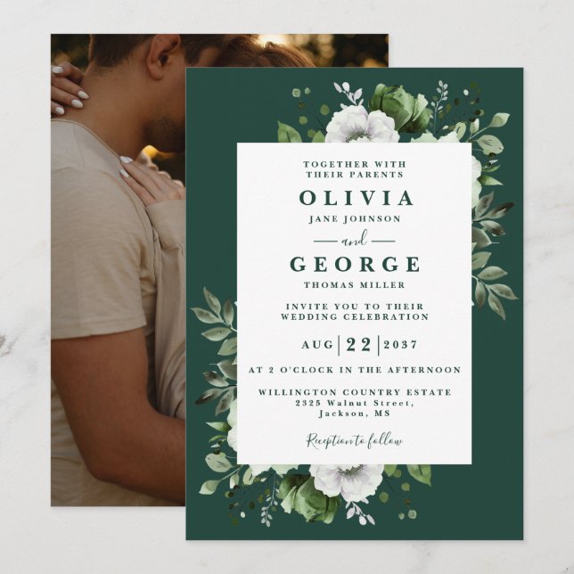 Invitación Boda de Foto Floral Elegante Verde Esmeralda (Anverso / Reverso)