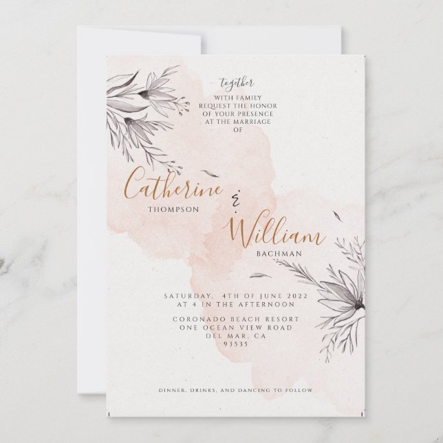 Invitación Boda de foto floral gris melocotón sonrosado (Anverso)