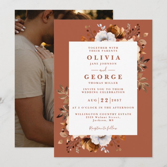 Invitación Boda de foto floral moderna terracota otoño rústic (Anverso / Reverso)