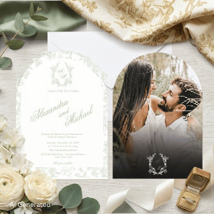 Invitación Boda de foto floral monograma de toile verde salvi