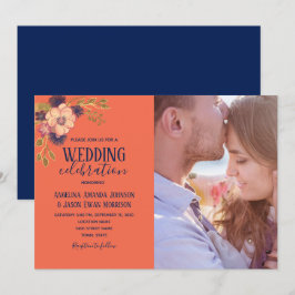 Invitación Boda de Foto Floral Rosa Melocotón Azul Marino
