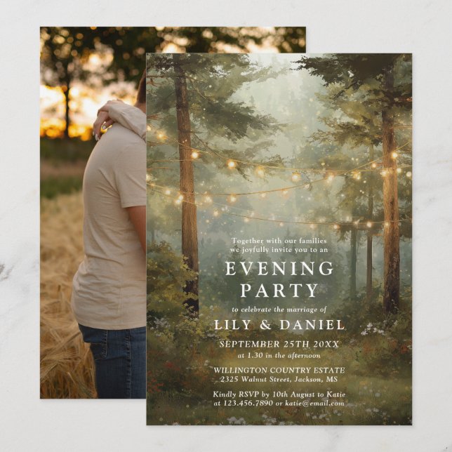 Invitación Boda de Foto Forestal Boho Rústica Fiesta Nocturna (Anverso / Reverso)