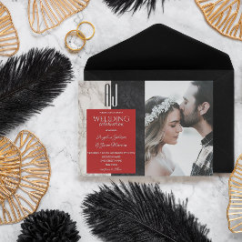 Invitación Boda de Foto Moderna Blanco Negro Rojo