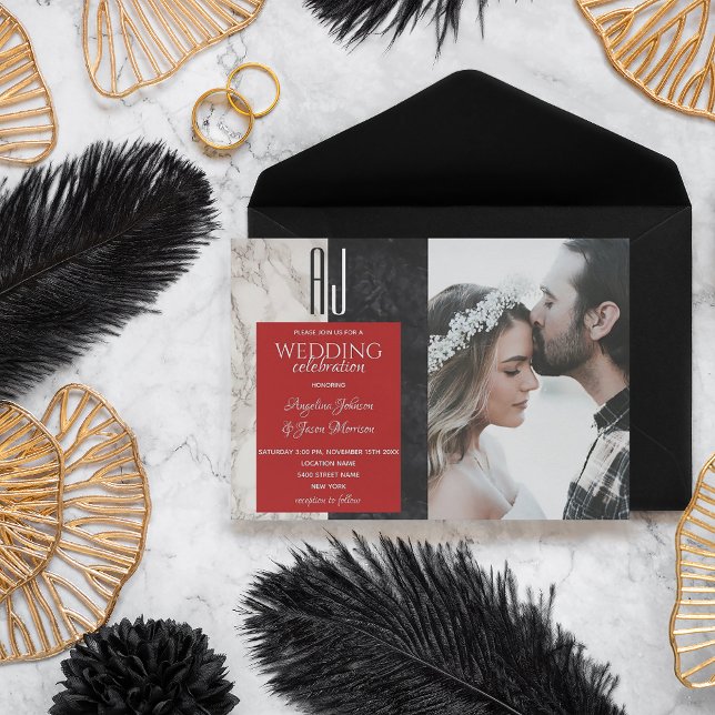 Invitación Boda de Foto Moderna Blanco Negro Rojo (Subido por el creador)