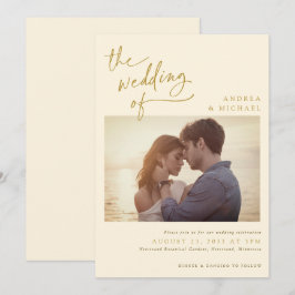 Invitación Boda de foto moderna crema escritura a mano dorada