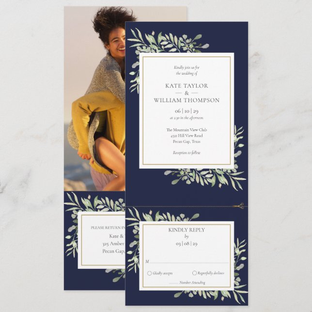 Invitación Boda de foto moderna en azul marino y vegetación t (Anverso / Reverso)